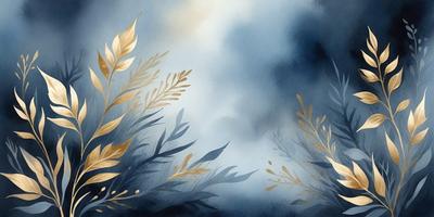 The primary subject of the image is a painting of a leafy plant with gold accents. The setting is a cloudy sky, and the visual style is a digital art or illustration. The dominant colors are blue and gold, creating a serene and calming atmosphere.